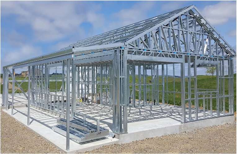 Steel Core frame erection at sunset, structural steel columns and rafters