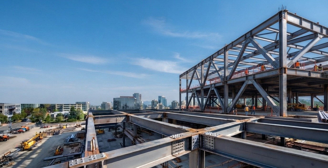 Multi-storey steel frame under construction with bolted moment connections and city skyline in the background