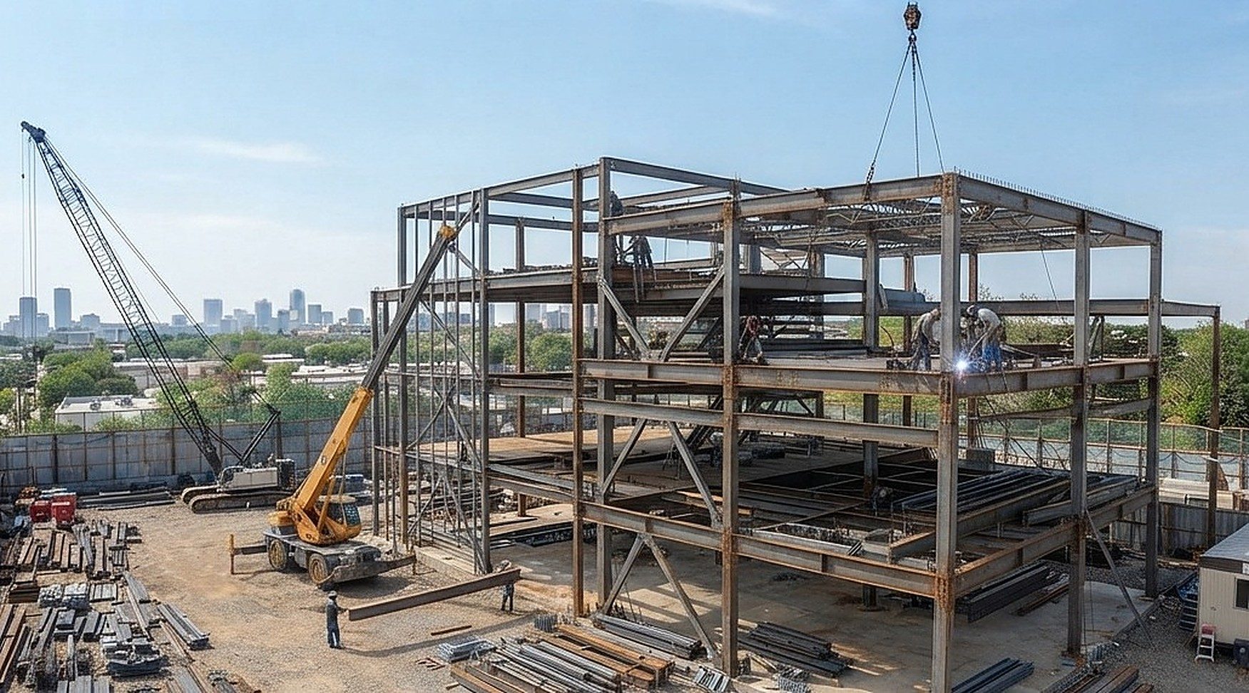 Aerial view of a multi-storey steel frame under erection with cranes, welders on deck, and the city skyline behind